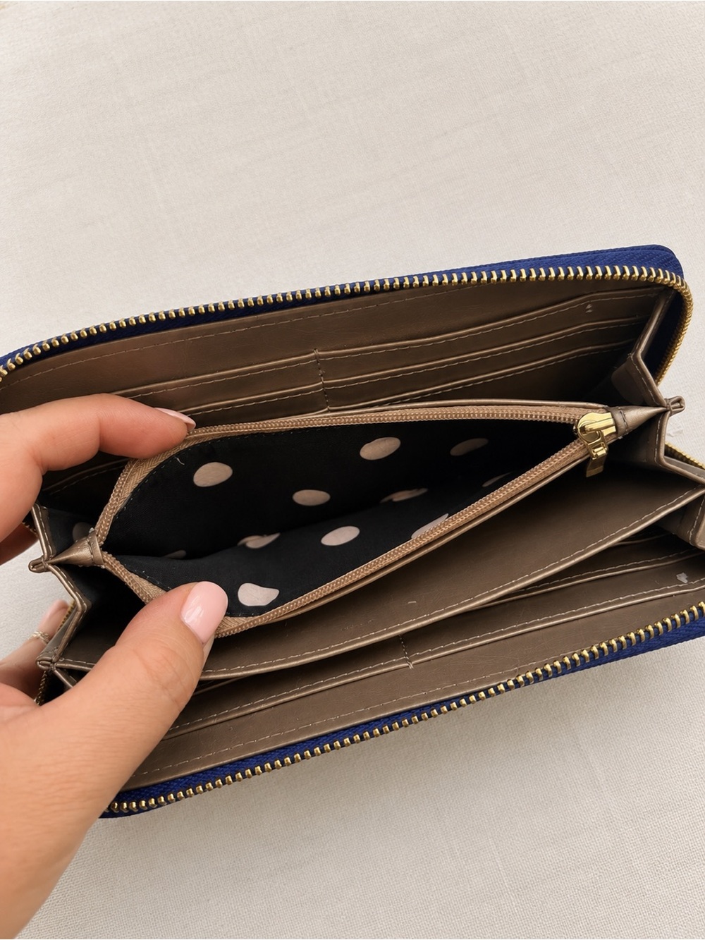 Anne Klein Blue Zip Around Wallet Gold Hardware Polka Dot Interior EUC - Picture 6 of 6